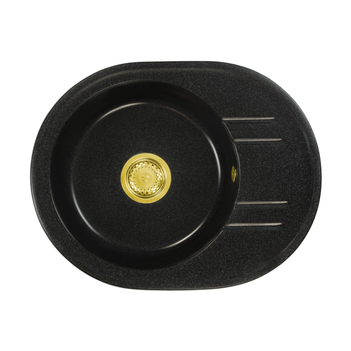 Zlewozmywak Granitowy Jednokomorowy Okrągły Bella - Czarny Nakrapiany - Złoty Syfon